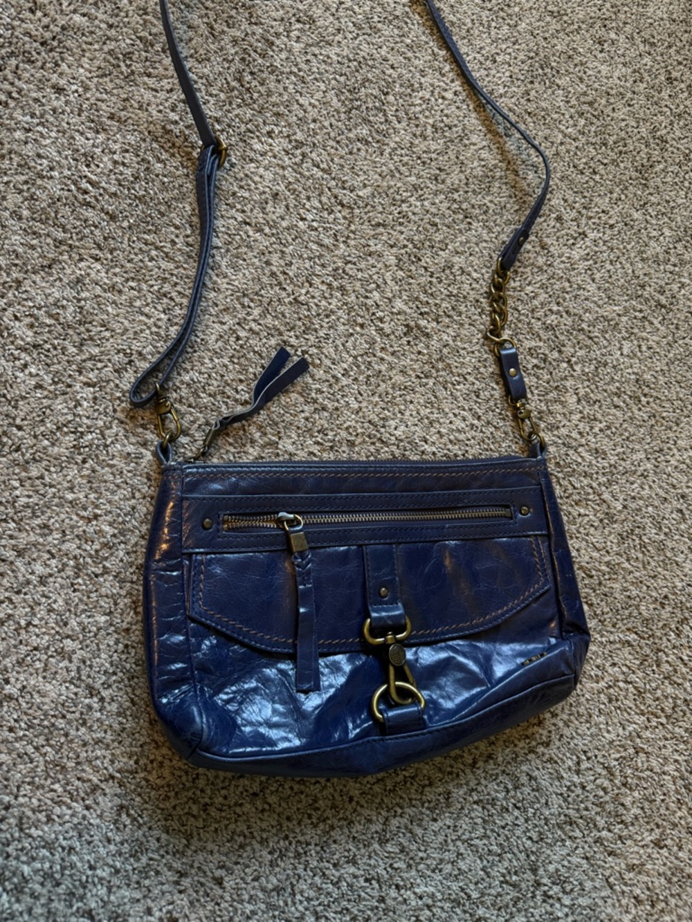 The Sak Navy Blue Leather Crossbody Bag with Brass Hardware